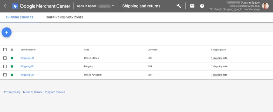 Google Merchant Center shipping settings